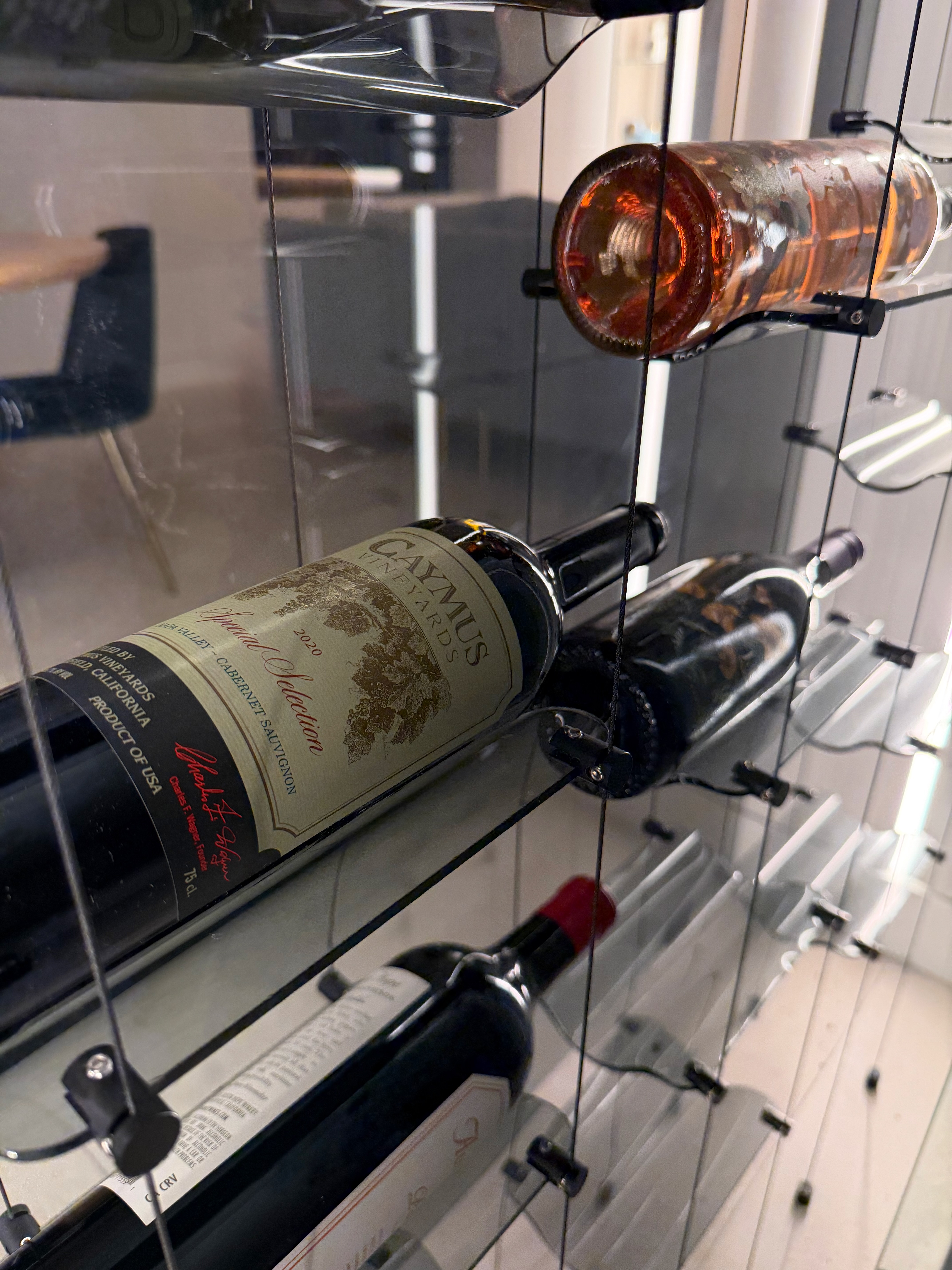 Side perspective of floating wine bottles on cable wine racks inside a glass enclosure illuminated by vertical LED lighting